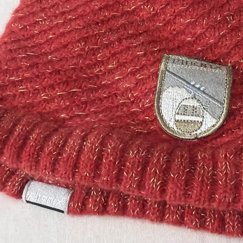 PHENIX Hat Women's One size Red Knitted Logo Beanie Fleece Lining Wool Blend Fit